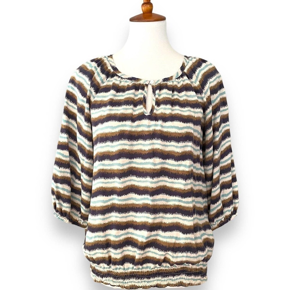 🍀L. L. Bean Blue Purple Tan Brown Striped Balloon Sleeve Blouse Top Size XS